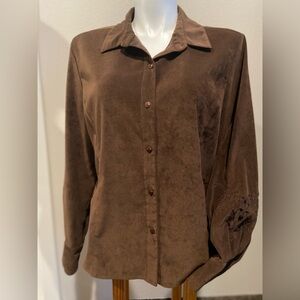 Norton McNaughton~Brown~Velveteen~Blouse~Embroidered Sleeves~Side Slits~Size 18